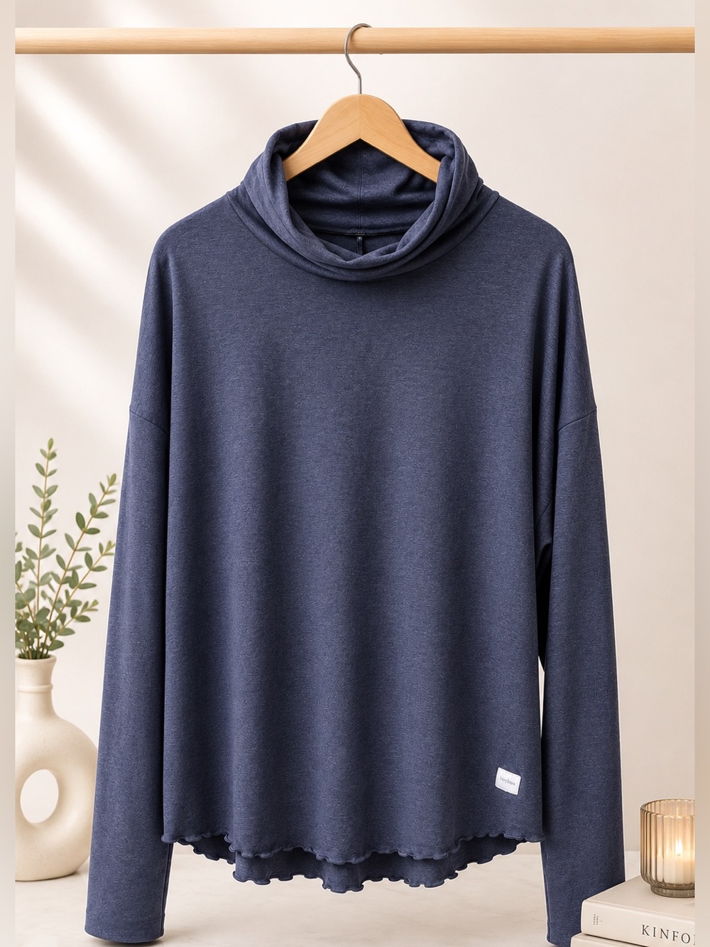 Soybu Navy Cowl Neck Long Sleeve Top with Ruffle Hem (366)